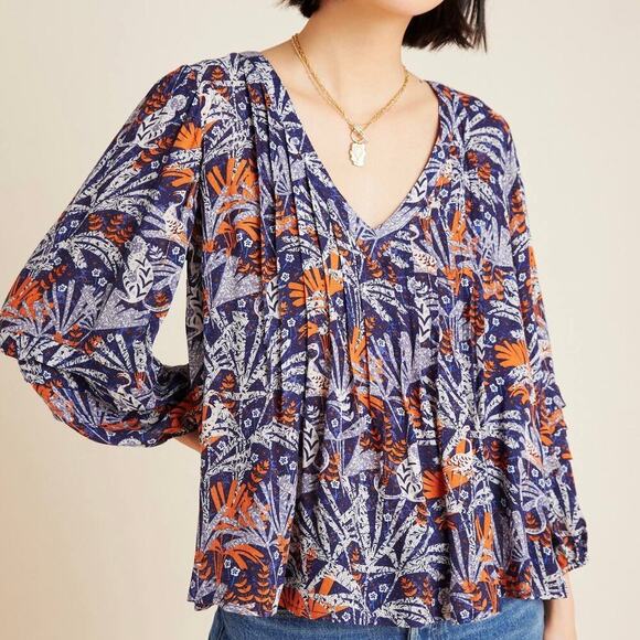 Maeve Cathy Pleated Top Size M Blue Viscose Peasant Blouse Monkey Anthropologie - Picture 4 of 14